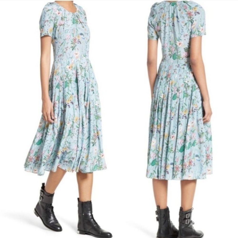 The Kooples Silk Folkloric Print Midi Dress XS Light Blue Floral Pleated Skirt
